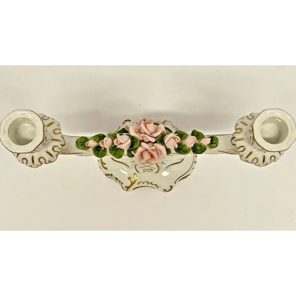 Vintage AK W. Germany Double Porcelain Candle Holder 700–Pink Rose Dresden Style
